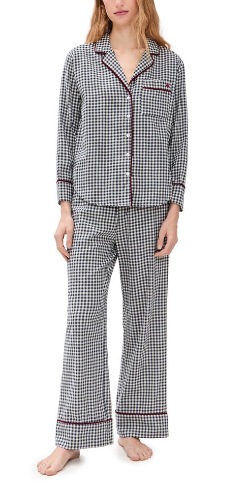 Flannel Gingham Piped Pajama Set Navy Gingham