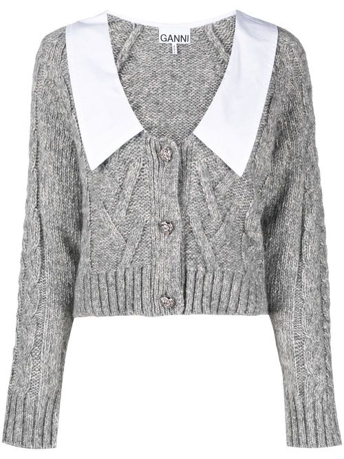 Contrasting-collar cable-knit cardigan - Grey