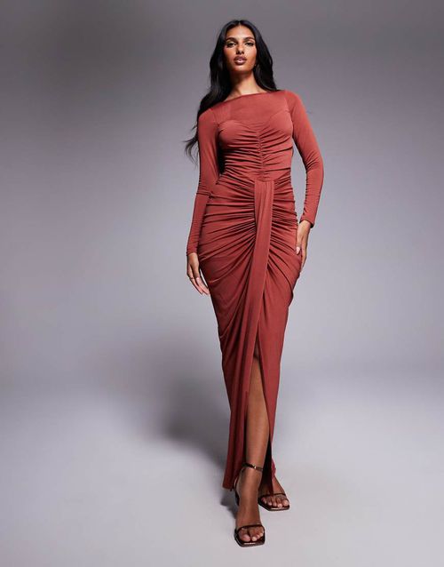 Long sleeve ruched split maxi dress in deep rust-Orange