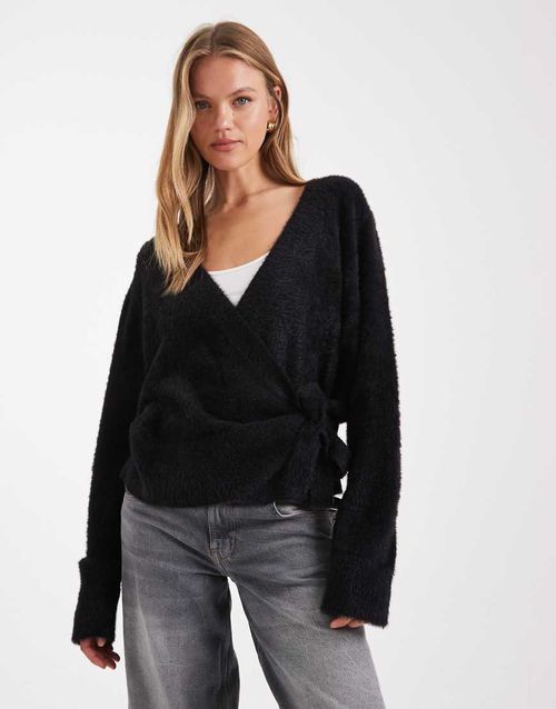 Knitted eyelash wrap cardigan in black