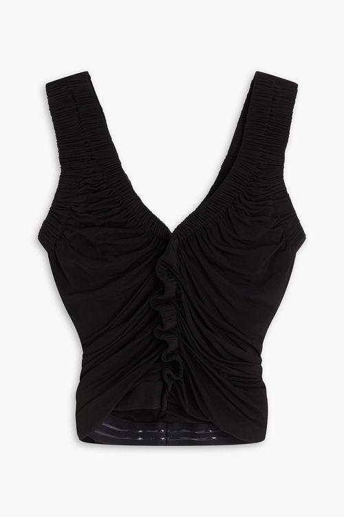 Cropped ruffled stretch-mesh top - Black - XXS