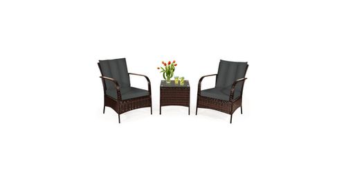 3 Pcs Patio Conversation Rattan Furniture Set with Glass Top Coffee Table and Cushions - Grey