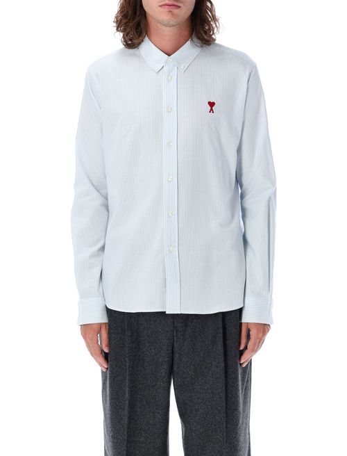 Men's Fine Striped Cotton Button-Down Shirt with Red Embroidered Heart