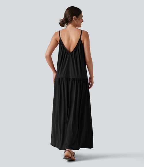 V-neck Split Hem Maxi Flowy Resort Slip Dress Casual Dress - Black