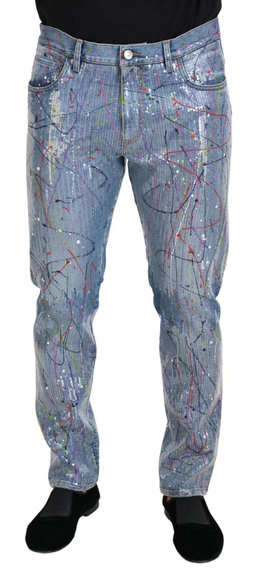 Splash-Print Cotton Jeans — Blue