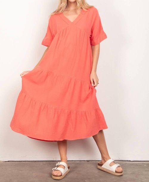 Frayed Detail Soft Crinkle Gauze Midi Dress In Apricot