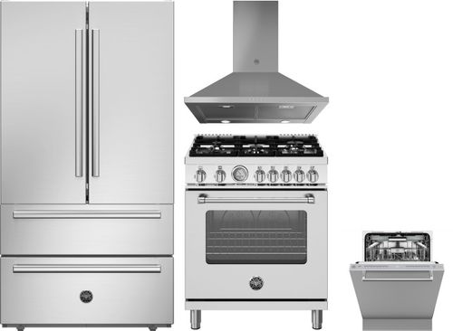 Bertazzoni 4 Piece Kitchen Appliances Package with French Door Refrigerator, Gas Range and Dishwasher in Stainless Steel BERERADWRH1134