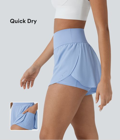 SoftlyZero™ QuickDry High Waisted Tummy Control Reflective Dots Crossover Hem 2-in-1 Running Shorts 3'' with Pockets Gym Short - Sky Blue