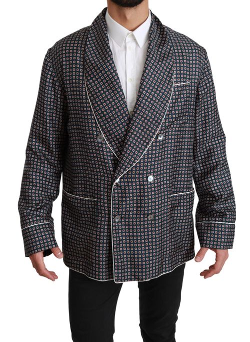 Silk Geometric-Patterned Double-Breasted Blazer — Navy