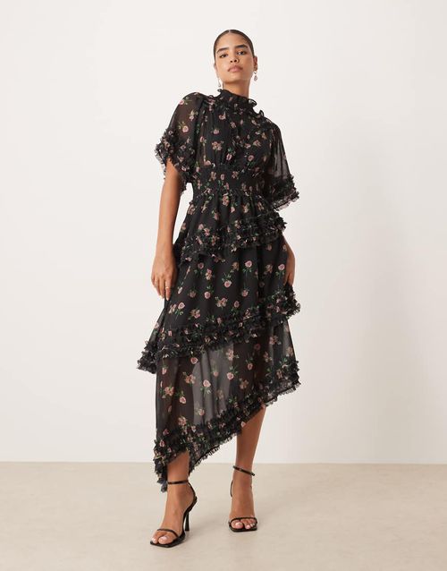 Shirred waist aysmmetric maxi dress in black floral
