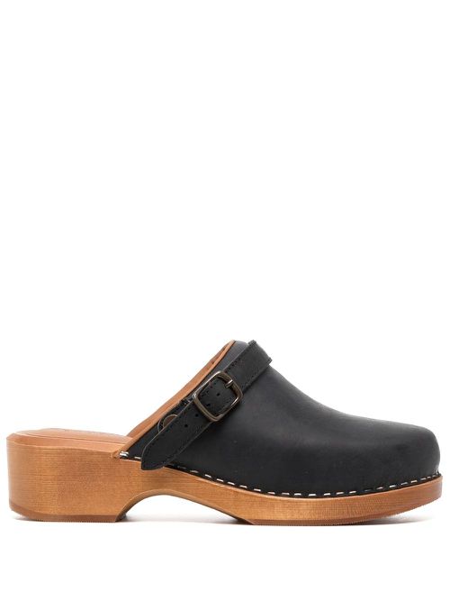 Wooden-platform leather clogs - Black