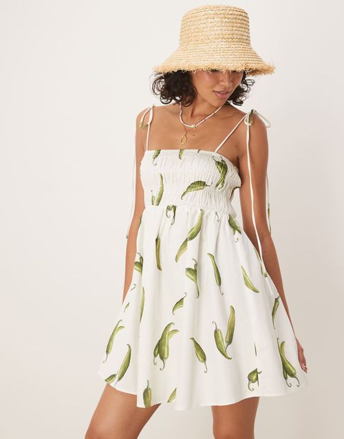 ASOS DESIGN shirred bust cotton poplin mini dress in green chilli print-Multi