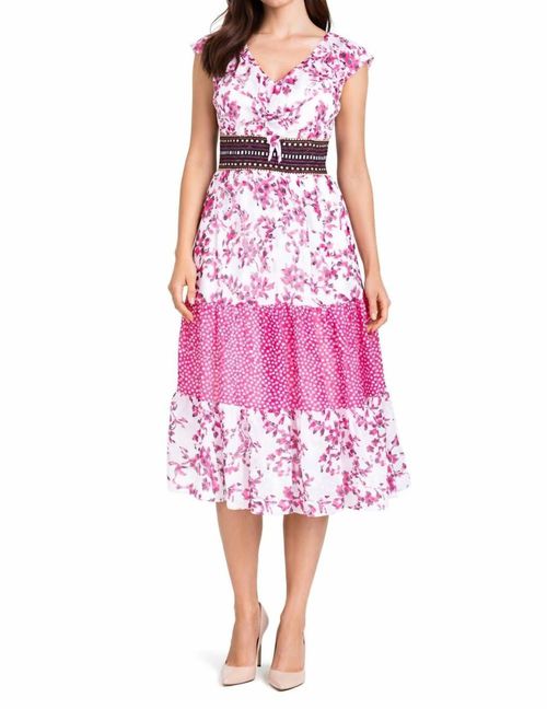 V Neck Chiffon Printed Midi Dress In Red/white