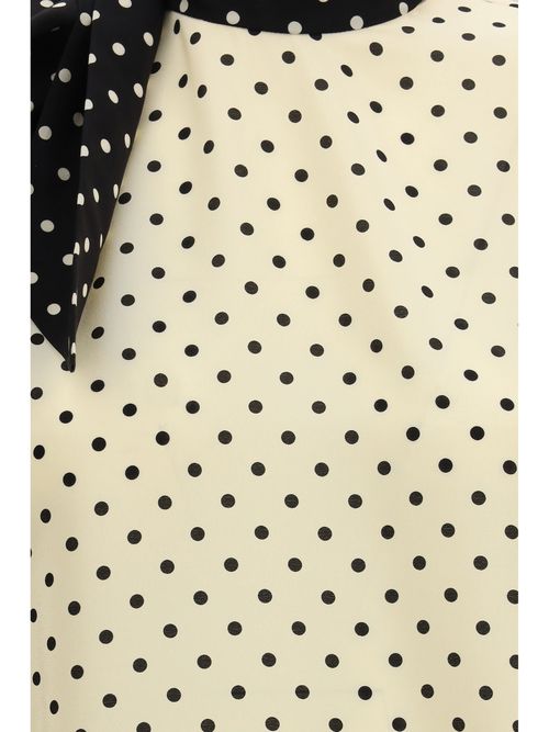 Polka Dot Silk with Side Bow Blouse — Beige