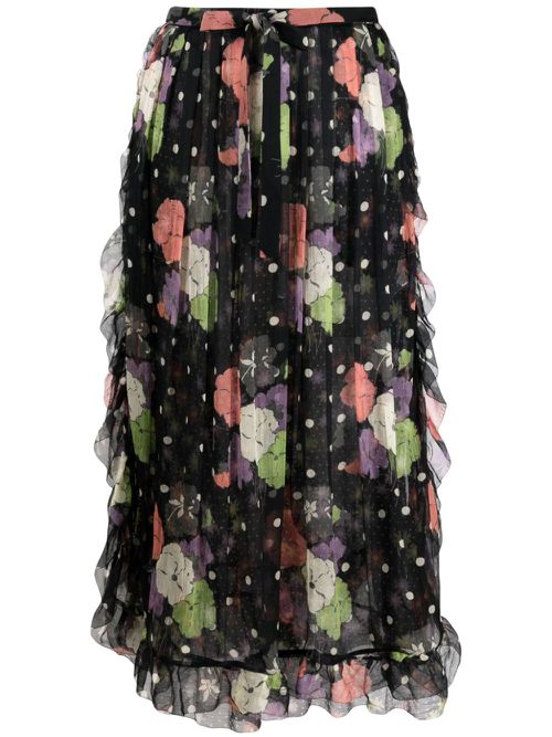Floral-print ruffled midi skirt - Black