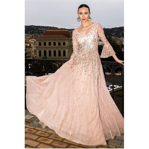 Goddiva Sunray Hand Embellished Sequin A-Line Bell Sleeve Maxi Dress - Champagne