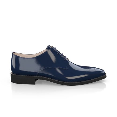 Custom Men's Derby Dress Shoes Toe Cap Handmade in Italy - Navy Blue Patent Leather - Laces, for Wedding, Tuxedo - GIROTTI