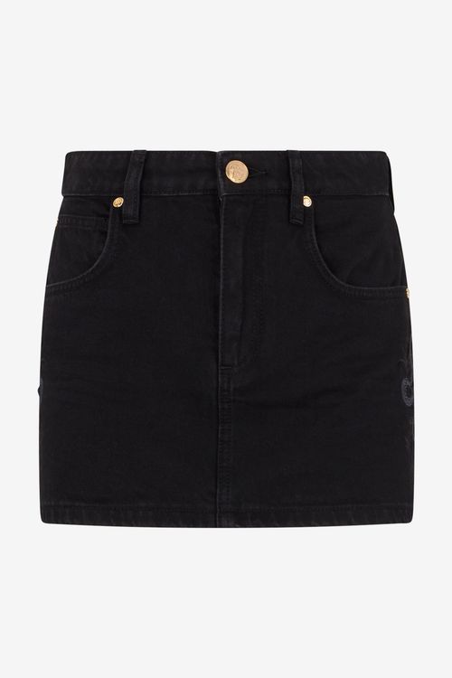 Black Denim Mini Skirt With Snake Embroidery