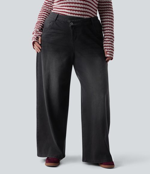 Plus Size Flex™ Asymmetric Low Rise Wide Leg Washed Casual Jeans with Pockets  - Deep Ink Black Denim