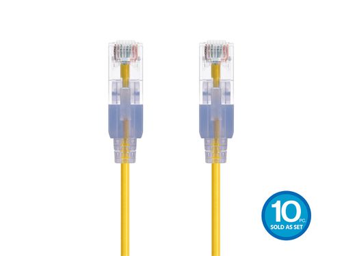 Cat6A 14ft Yellow 10-Pk Patch Cable, UTP, 30AWG, 10G, Pure Bare Copper, Snagless RJ45, SlimRun Series Ethernet Cable