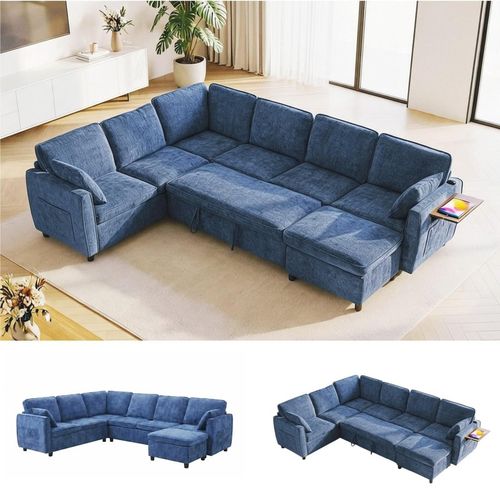 Garvee Modular Sectional Sleeper Sofa with Pull Out Bed, 116" Large U Shaped 7 Seater Sectional Couches with Ottoman, Charging Port & Foldable Side Table, Comfy Chenille Cloud Sofas for Living Room, Blue
