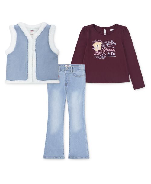 Little Girls 3-Piece Sherpa Vest, Round Neck T-Shirt, and Denim Jeans Set - Brown/Blue