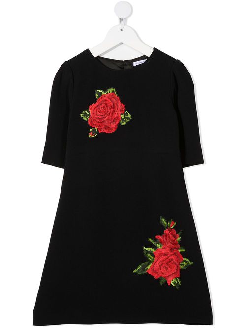 Rose-embroidered dress - Black