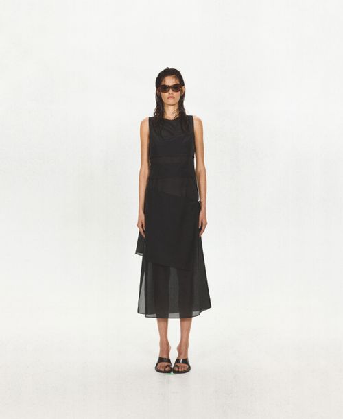 Women's Asymmetrical Overlay Semi-Sheer Midi Dress - Black