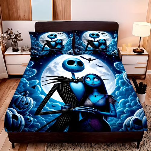 TEMU 3pcs The Before Christmas Cartoon Fitted Sheet Set - Vibrant Hd Printing, Deep Pocket And Cozy Bedding For Home Dorm, Double Bed Single Bed
