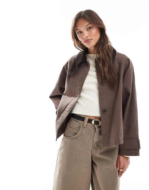 ASOS DESIGN barn jacket with contrast collar in mocha-No colour