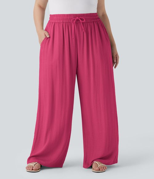 High Waisted Drawstring Linen-Feel Wide Leg Casual Plus Size Pants with Pockets  - Raspberry Sorbet