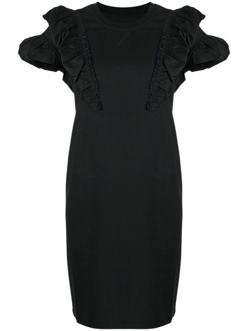 Ruffled-detailed short-sleeved dress - Black