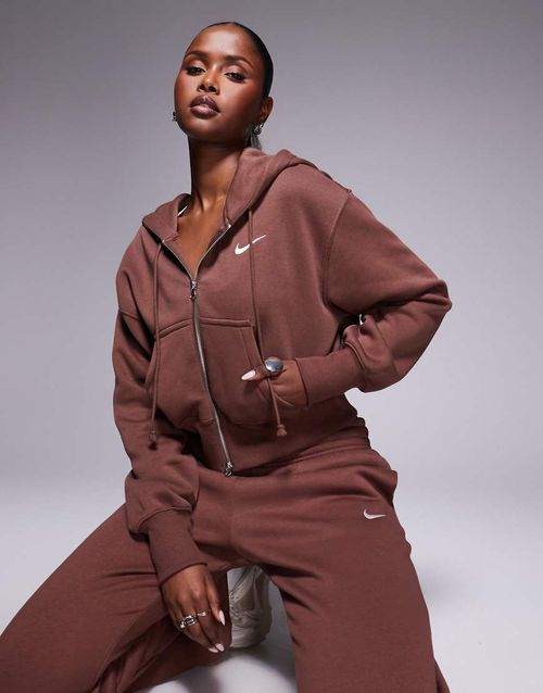 Phoenix Fleece cropped full zip hoodie in brown-Neutral