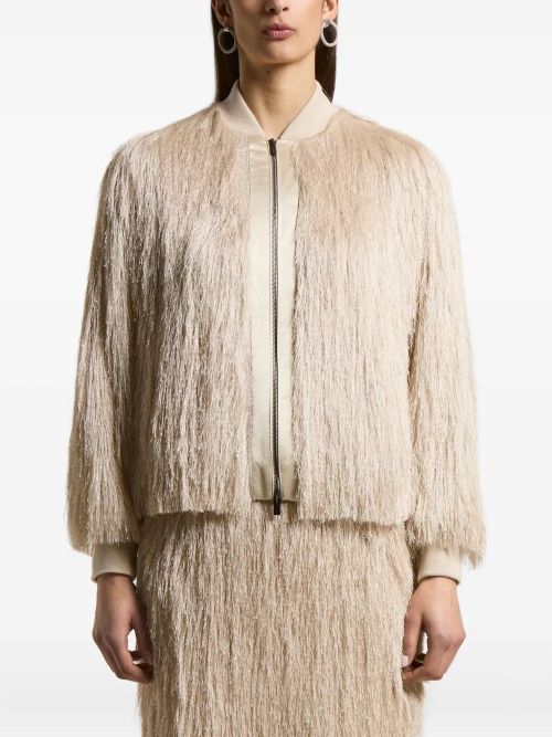 Fringed Bomber Jacket — Beige