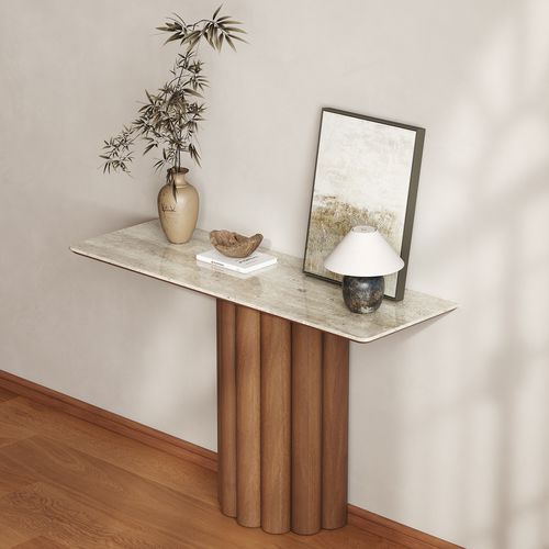Travertine Top Console Table Solid Wood Entryway Furniture in Walnut & Beige (47'' Wide)
