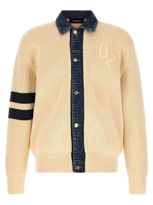 Denim-Mix Cotton-Blend Knit Cardigan — Cream