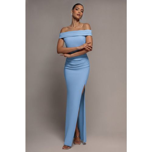 Goddiva Off The Shoulder Maxi Dress With Split - Powder Blue