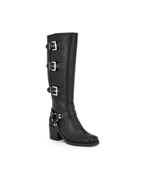 Karry Motorcycle Boots Womens Black Faux Leather Knee High LION293