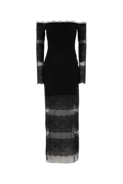 Lace and Mesh Insert Dress — Black