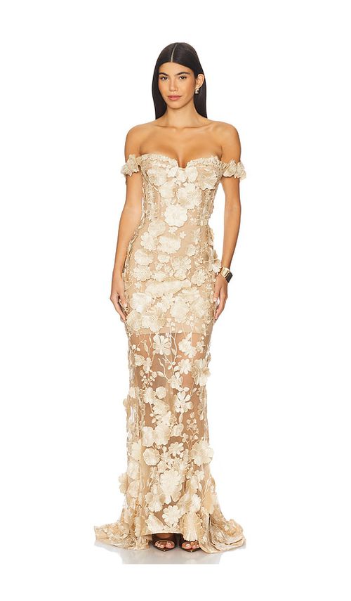 Bronx and Banco Jasmine Off The Shoulder Gown in Metallic Gold.  XL. Also in