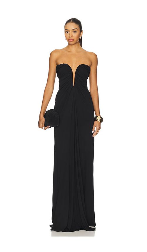 Atlein Bustier Ruched Gown in Black. 40. Also