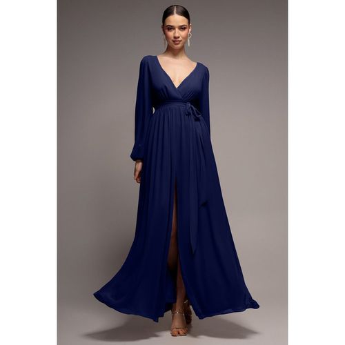 Goddiva Sustainable Front Split Wrap Style Chiffon Maxi Dress - Navy Blue