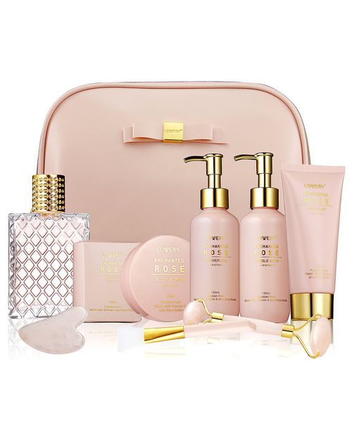 Luxury Enchanted Rose Bath & Body Beauty Kit With Leather Bag, Jade Roller & More