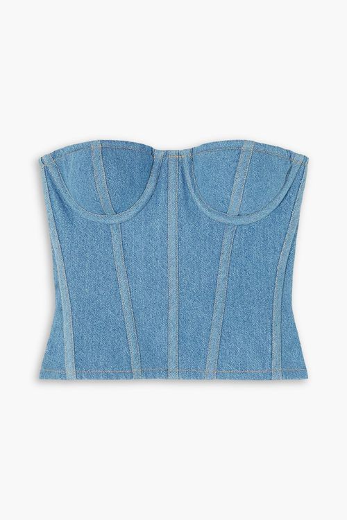 Strapless paneled denim bustier top