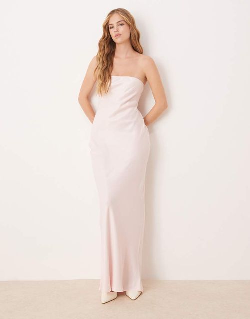 Satin bandeau bias cut maxi dress in pink