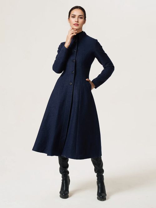 Woolen Flared Coat For Woman Stand Collar A-line Elegant Dark Navy Winter Midi Outerwear