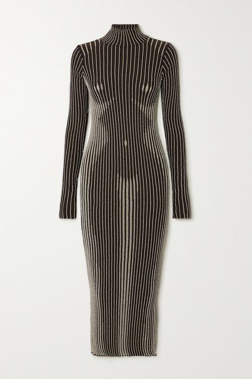 Trompe L'oeil Ribbed Metallic Merino Wool-blend Turtleneck Midi Dress - Brown