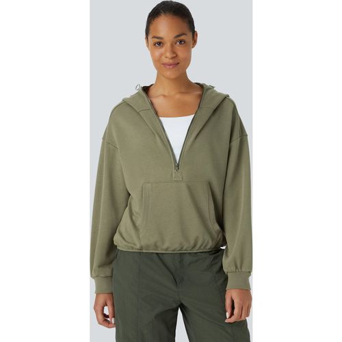 Halara Hooded Drawcord Half Zip Long Sleeve Kangaroo Pocket Casual Sweatshirt - Aloe