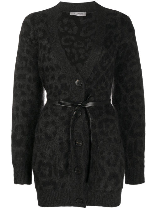 Leopard Pattern Belted Cardigan — Gray