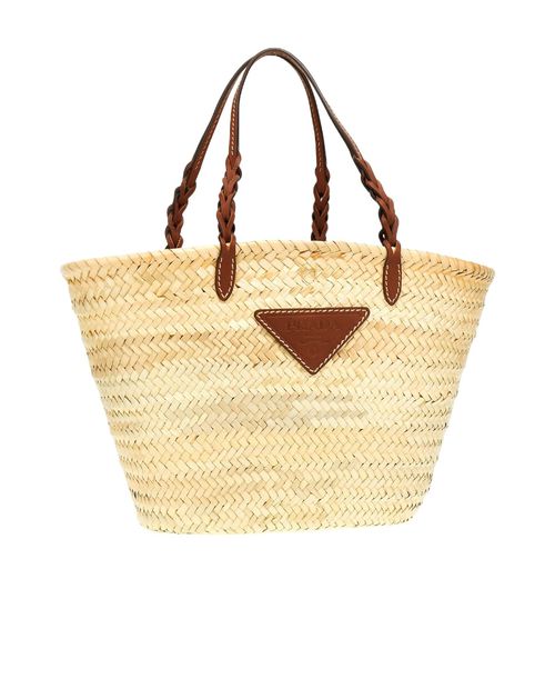 Woven fabric and leather tote bag